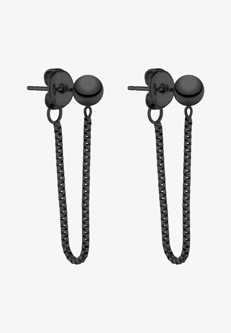 Boucles d'oreilles en chaîne noire avec un clou rond en haut et un design de chaîne fine à maillons, le tout en métal avec une finition polie.