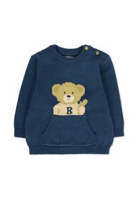 Dzianinowy sweter w granatowym kolorze z wzorem misia na przodzie, z kieszonką i dwoma dekoracyjnymi guzikami na ramieniu.
