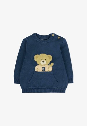 Maglione blu navy a maglia con design di orsetto sulla parte anteriore, dotato di tasca e due bottoni decorativi sulla spalla.