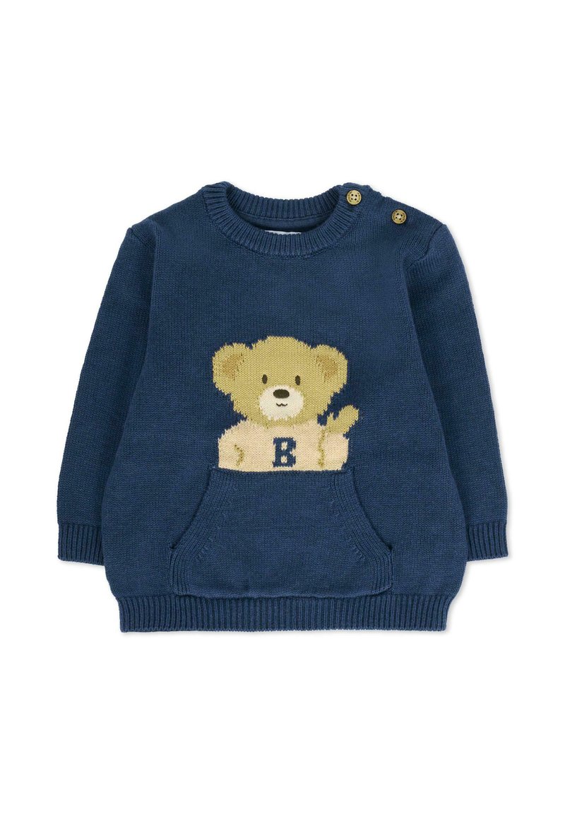 Dzianinowy sweter w granatowym kolorze z wzorem misia na przodzie, z kieszonką i dwoma dekoracyjnymi guzikami na ramieniu.