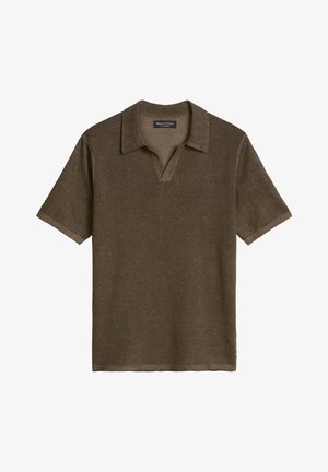Brown short-sleeve knit polo shirt with open collar and soft textured fabric, labeled Marc O’Polo.