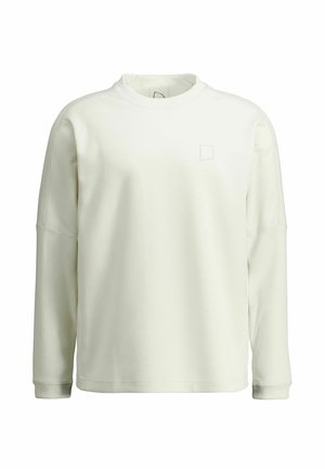 Roomkleurige lange mouwen sweater met ronde hals, subtiele gestructureerde stof en een klein, vaag geborduurd logo op de linkerborst.