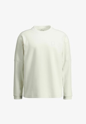 Krém színű, hosszú ujjú pulóver kerek nyakkal, finoman texturált anyagból, bal mellkasán kis, halvány hímzett logóval.