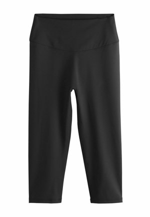 Schwarze, hochtaillierte, verkürzte Leggings mit breitem Bund und glattem, dehnbarem Stoff.
