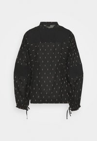 Camicia nera a fantasia realizzata in un tessuto leggero, con maniche a sbuffo e orli con coulisse. Il motivo presenta piccoli motivi verticali in colori contrastanti.