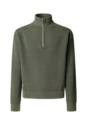 Roheline soonikuga kampsun kõrge krae ja poole lukuga. Omab lõdvestunud istuvust, tekstureeritud kudumit ning kitsaid varrukasääriseid. Puuduvad nähtavad logod või mustrid.