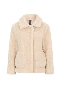 Jasno beżowa bluza polarowa z klapowanym kołnierzem, dwoma przednimi kieszeniami i zapięciem na guziki z przodu. Miękki, teksturowany materiał.