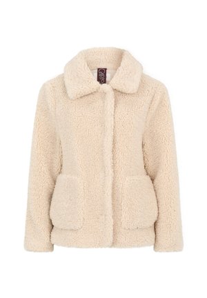 Cremfarbener Fleece-Jacket mit Schnittkragen, zwei Fronttaschen und vorderer Knopfverschluss. Weiches, strukturiertes Material.