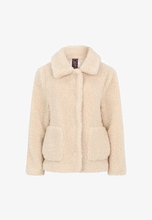 Cremfarbener Fleece-Jacket mit Schnittkragen, zwei Fronttaschen und vorderer Knopfverschluss. Weiches, strukturiertes Material.