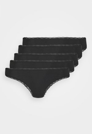 Black lace-trimmed panties set, featuring a smooth fabric, low-rise cut, and detailed scalloped edges, with five pairs arranged neatly.