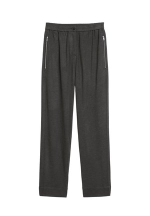 Donkergrijze, wijde broek gemaakt van een zachte stof. Voorzien van een elastische tailleband, een knoopsluiting en twee met een rits afsluitbare zijzakken.