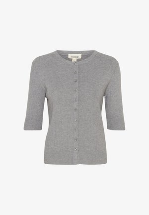 Pelēks īsām piedurknēm kardigāns, izgatavots no ribota adījuma, ar apaļu kakla izgriezumu un pogu aizdari priekšā.