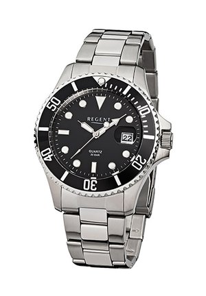 Silver metal wristwatch with black dial, white hour markers, rotating bezel, date display showing "22," and quartz movement label.