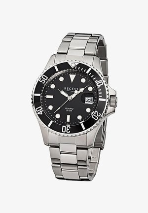 Silver metal wristwatch with black dial, white hour markers, rotating bezel, date display showing "22," and quartz movement label.