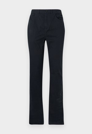 Tmavomodré bavlnené nohavice so strihom rovného nohu, obsahujúce dve predné vrecká, zapínanie na gombík a minimalistické detaily v šití.