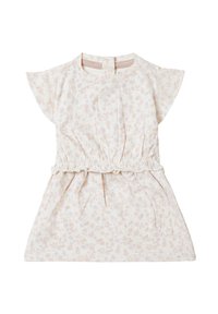 Robe florale légère avec des manches courtes en volants, une taille élastique et une fermeture par boutons à l'arrière. Le tissu est doux, avec une palette de couleurs pastel.