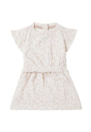 Robe florale légère avec des manches courtes en volants, une taille élastique et une fermeture par boutons à l'arrière. Le tissu est doux, avec une palette de couleurs pastel.