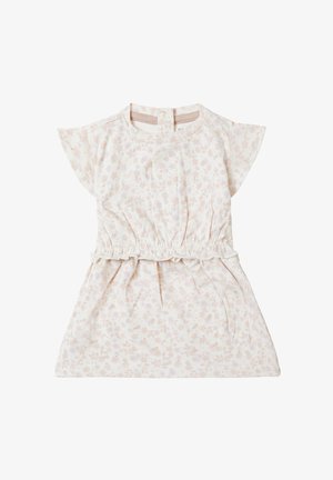 Leichtes Blumenkleid mit kurzen, schwingenden Ärmeln, elastischem Taillenbund und Knopfverschluss hinten. Der Stoff ist weich und hat eine pastellfarbene Palette.