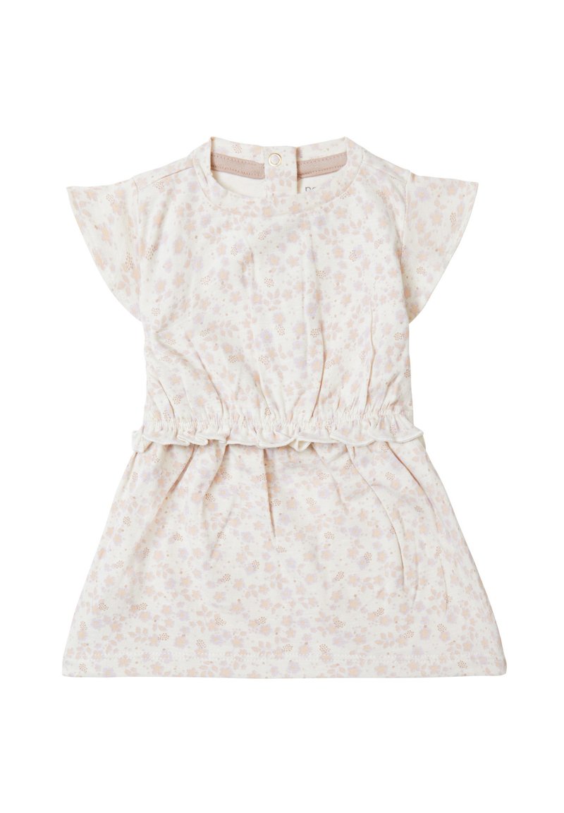 Robe florale légère avec des manches courtes en volants, une taille élastique et une fermeture par boutons à l'arrière. Le tissu est doux, avec une palette de couleurs pastel.