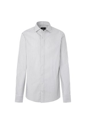 Camisa a rayas de botones en gris claro y blanco, con cuello clásico, mangas largas y detalles en los puños con rayas a juego.