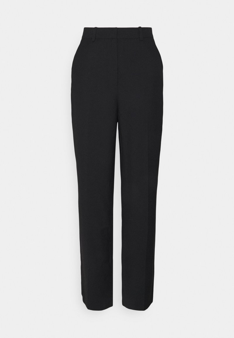 Zwarte op maat gemaakte broek met een rechte pijp, voorzien van een vlakke voorkant, twee zijzakken en een gladde textuur.