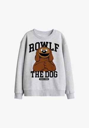 Grauer Sweatshirt mit einer cartoonartigen braunen Hundefigur und dem Text "ROWLF THE DOG Since 1962" auf der Vorderseite.