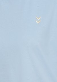 Jasnoniebieska tkanina z dwoma małymi białymi wyszywanymi strzałkami w kształcie jodełki w pobliżu górnego prawego rogu, jednolite tło.