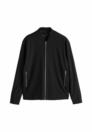 Black long-sleeve bomber jacket with front zipper and two zippered side pockets, shown flat on a white background.
