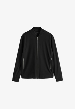 Black long-sleeve bomber jacket with front zipper and two zippered side pockets, shown flat on a white background.