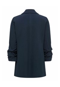 Blazer bleu marine à manches longues avec col plié et manches légèrement froncées, vu de dos sur un fond blanc.