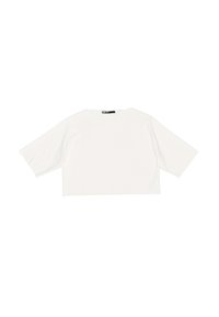 Z krótkim rękawem biały t-shirt wykonany z miękkiego materiału, z szerokim okrągłym dekoltem i luźnymi rękawami. Gładka faktura, bez wzorów.