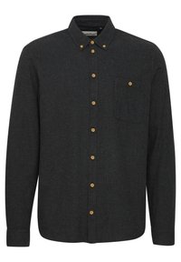 Dark gray, long-sleeve button-up shirt with a classic collar, wooden buttons, and a single chest pocket. Made from a textured fabric.