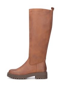 Bottes en cuir marron jusqu'aux genoux avec une texture lisse, un bout arrondi et une semelle en caoutchouc épaisse dotée d'un motif de traction.