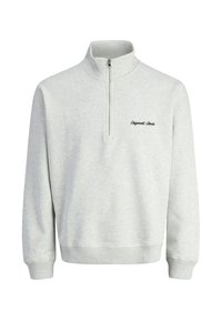 Grauer Fleece-Halfzip-Pullover mit geripptem Kragen und Bündchen. Mit schwarzem, gesticktem Text auf der Brust. Weicher Stoff und lockere Passform.