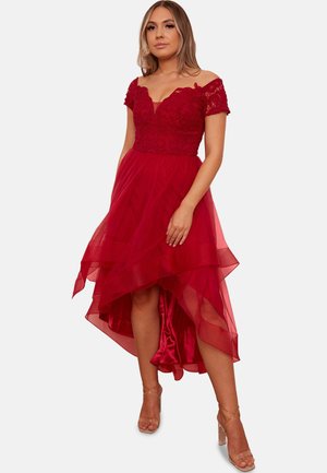MESH DIP HEM MIDI DRESS WITH CROCHET DETAIL - Occasion wear - red