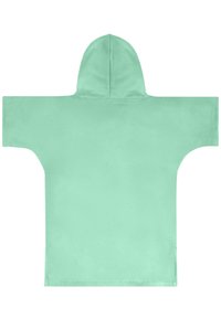 Mintgrüner, kapuzenponcho aus glattem Stoff. Verfügt über einen weiten, kastigen Schnitt mit kurzen Ärmeln und einer zentralen Kapuze.