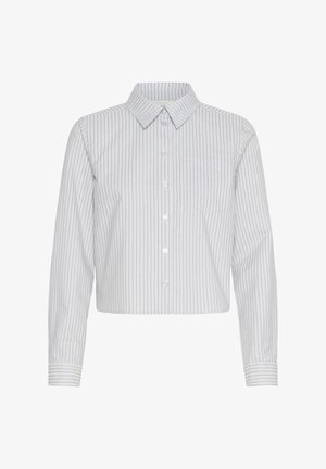 Cropped button-up shirt in white with vertical navy stripes, featuring a collar and a single chest pocket. Long sleeves with cuff detail.