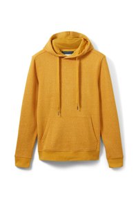 Sudadera con capucha amarilla hecha de tejido texturizado, con un bolsillo frontal, cordones y puños y dobladillo acanalados.