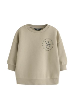 Helles beiges Sweatshirt aus Baumwollmischung. Es hat einen runden Halsausschnitt, überschnittene Schultern und ein bedrucktes Design mit "NY" und Text auf der Vorderseite.