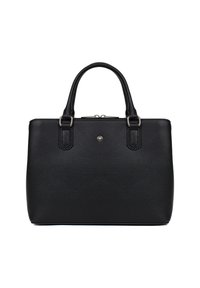 Borsa a mano nera in pelle con superficie testurizzata, due manici superiori, chiusura con zip e un accento di logo metallico sul davanti. Forma rettangolare.