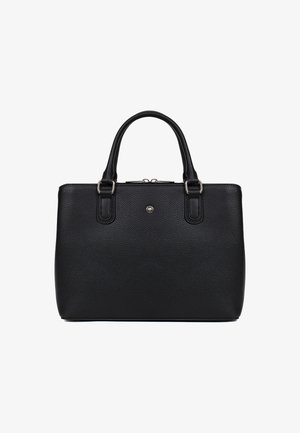 Schwarze Lederhandtasche mit strukturierten Oberflächen, zwei oberen Griffen, Reißverschluss und einem metallischen Logoakzent auf der Vorderseite. Rechteckige Form.