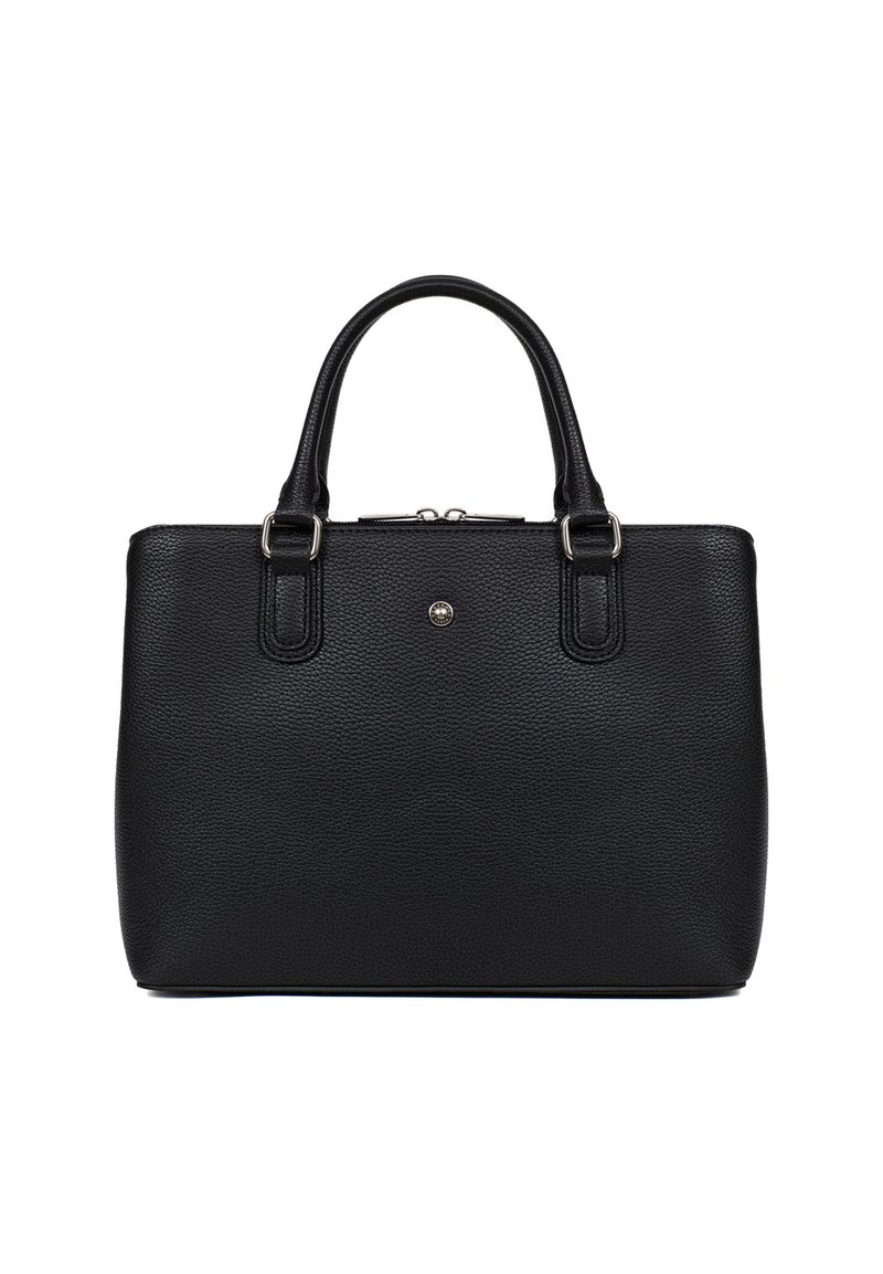 Borsa a mano nera in pelle con superficie testurizzata, due manici superiori, chiusura con zip e un accento di logo metallico sul davanti. Forma rettangolare.