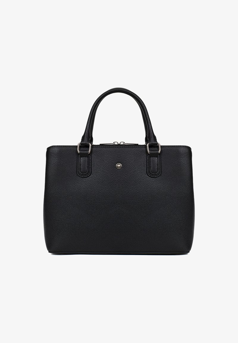 Borsa a mano nera in pelle con superficie testurizzata, due manici superiori, chiusura con zip e un accento di logo metallico sul davanti. Forma rettangolare.