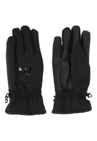 Gants noirs avec une finition lisse, des poignets élastiques et une surface de préhension texturée. Présente un logo brillant au dos. Design non isolé.