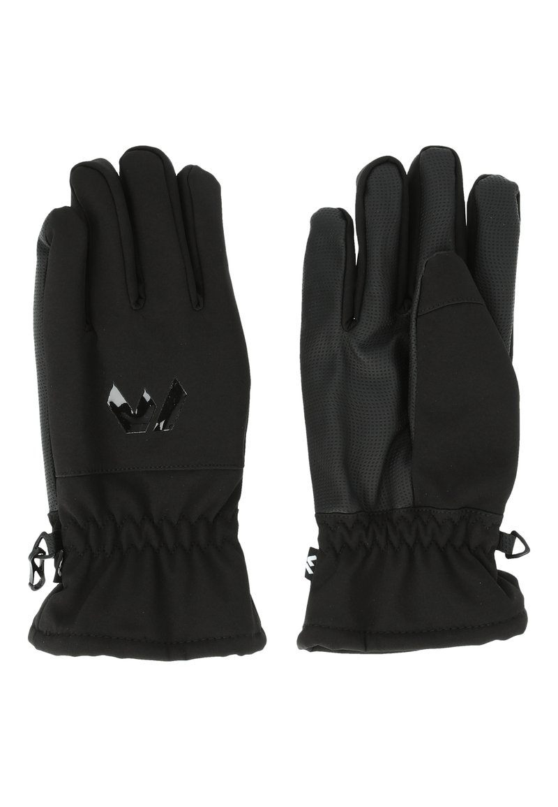 Gants noirs avec une finition lisse, des poignets élastiques et une surface de préhension texturée. Présente un logo brillant au dos. Design non isolé.
