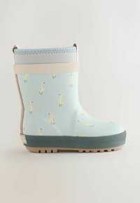 Hellblaue Gummiregenstiefel mit einer strukturierten Gummisohle; verziert mit einem Muster aus gelben Enten und einem weichen grauen Bündchen.