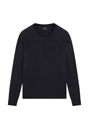 Pull en col rond de couleur bleu marine foncé, à manches longues, avec des poignets et un ourlet côtelés. Tissu doux et texturé avec une coupe décontractée.