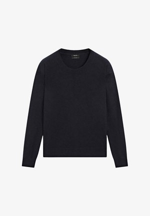 Dunkelblauer Pullover mit Rundhalsausschnitt, langen Ärmeln sowie gerippten Bündchen und Saum. Weicher, strukturierter Stoff mit lockerer Passform.