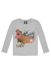 Szara bluzka z długim rękawem z grafiką T. rexa, helikoptera i tekstem. Projekt zawiera żywe kolory i teksturowany, ilustrowany styl.
