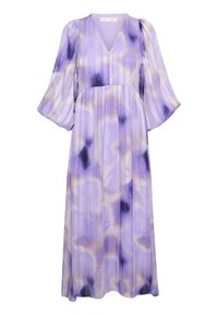 Purple midi dress with a V-neck, flared sleeves, and pleated texture. Features a watercolor-style pattern in shades of purple and cream.